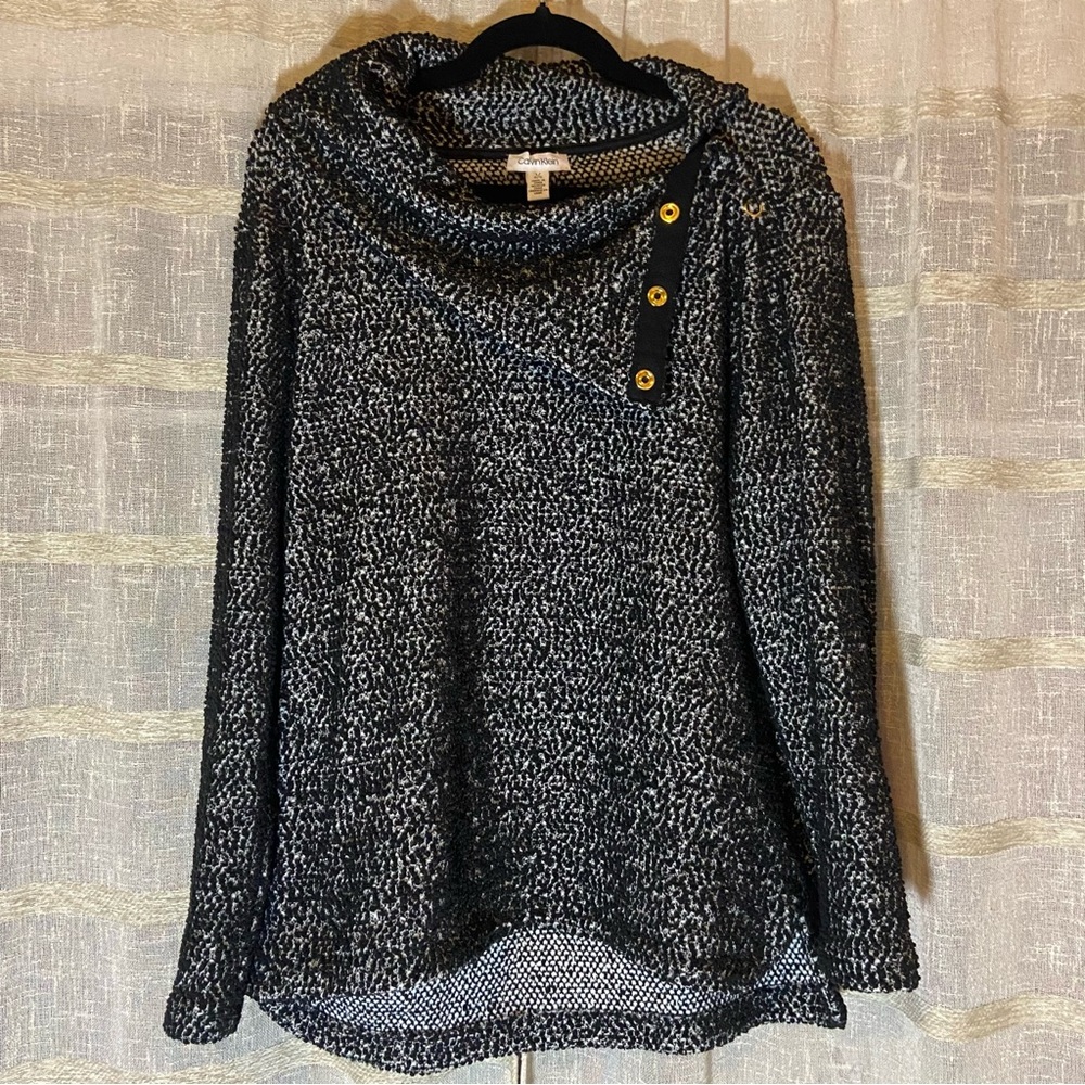 Calvin Klein Sweater Convertible Cowl w Snaps Black&White Long Sleeve SZ M